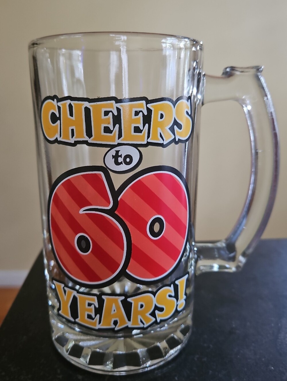 Glass Beer Mug Cheers to 60 Years! Yellow & Red